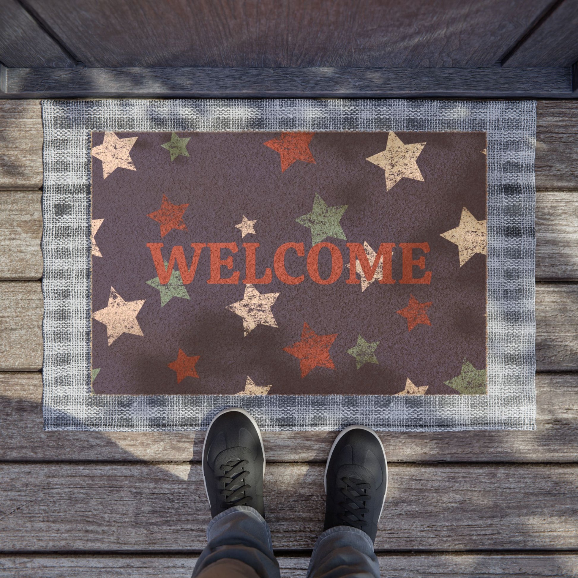 Starry Patriotic Welcome Doormat, Cozy Entryway Mat, Rustic Home Decor, Outdoor Mat, Perfect for Housewarming, Holiday Greeting